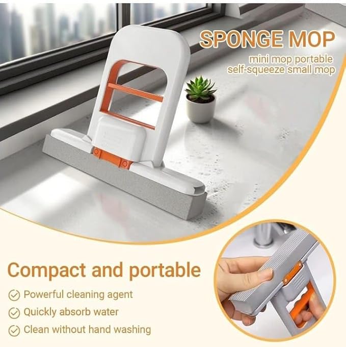 Mini Foldable Desktop Mop Portable Cleaning Sponge Mop Handheld Self-Squeeze Sponge Cleaning Tool – Wet and Dry Use Cleaning System for Small Spaces – Bathroom, Kitchen.