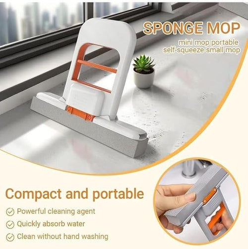 Mini Foldable Desktop Mop Portable Cleaning Sponge Mop Handheld Self-Squeeze Sponge Cleaning Tool – Wet and Dry Use Cleaning System for Small Spaces – Bathroom, Kitchen.